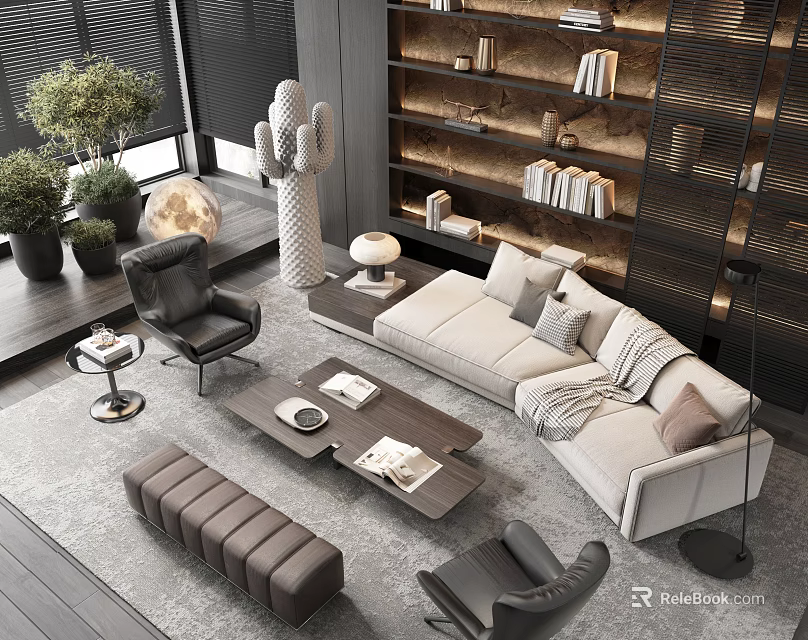 Modern Living Room Sofa and Coffee Table Set with Armchairs Bookshelves and Decorative Plants 3d model 