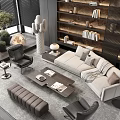 Modern Living Room Sofa and Coffee Table Set with Armchairs Bookshelves and Decorative Plants