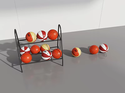 Multi Layer Sports Equipment Storage Rack With Red White Yellow Basketballs And Scattered Balls 3d model
