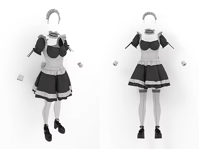 Two Different Maid Costume Designs With Dress Apron Headpiece And Shoes 3d model