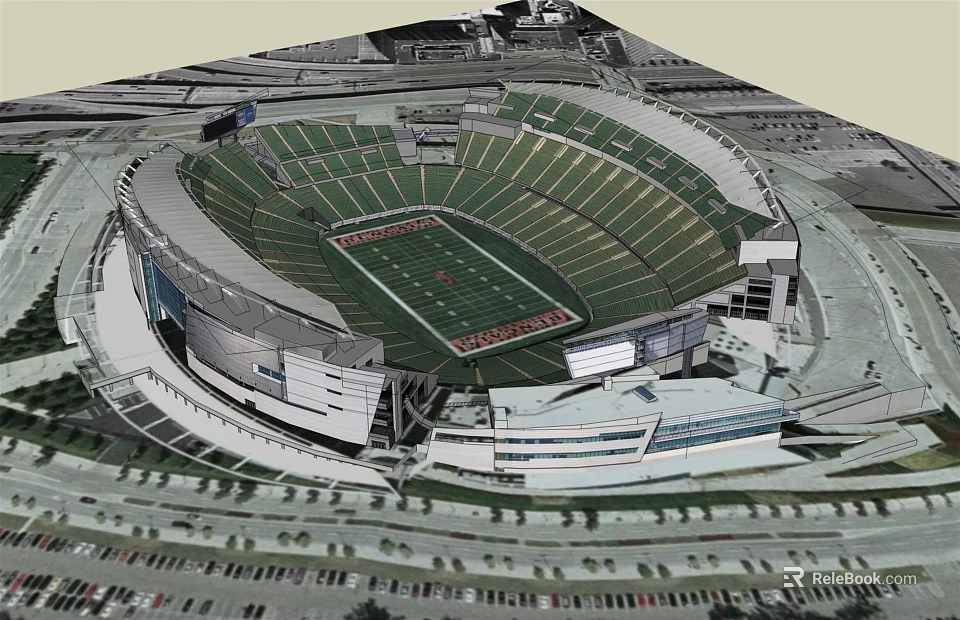 Large Modern American Football Stadium With Green Turf Seating And Surrounding Parking Lots 3d model 