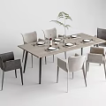 Stylish Dining Table Set With Chairs Tableware Red Wine And Green Plant 3d model