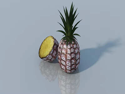 Fresh Ripe Pineapple With Sliced Half On Smooth Surface And Shadow 3d model