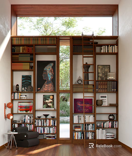 Wooden Bookcase Interior Design Featuring Books Ladder Decorative Artworks And Natural Light 3d model 