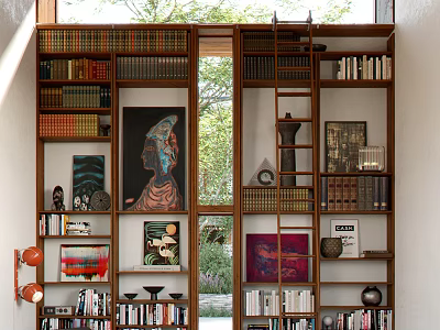 Wooden Bookcase Interior Design Featuring Books Ladder Decorative Artworks And Natural Light 3d model