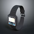 Sleek Black Smart Watch With Square Dial Digital Display And Blue Buttons