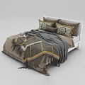 Double Bed with White Frame Brown Bedding Patterned Pillows and Gray Throw Blanket 3d model