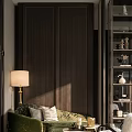 Luxury Modern Sales Office Lounge Space With Dark Wood Panels Warm Lamp And Art