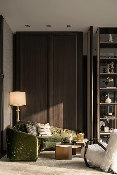 Luxury Modern Sales Office Lounge Space With Dark Wood Panels Warm Lamp And Art 3d model
