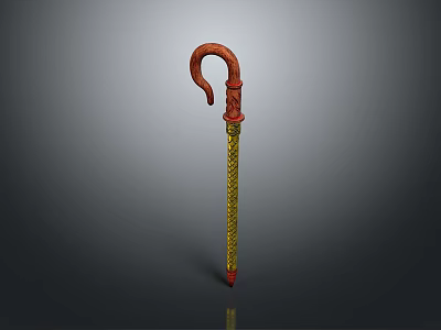 Elegant Red Curved Handle Cane With Gold Decorative Shaft And Ornate Carvings 3d model