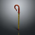Elegant Red Curved Handle Cane With Gold Decorative Shaft And Ornate Carvings