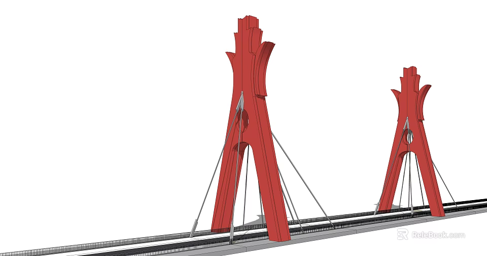 Red Cable Stayed Bridge With Tall Unique Towers And Steel Cables 3d model