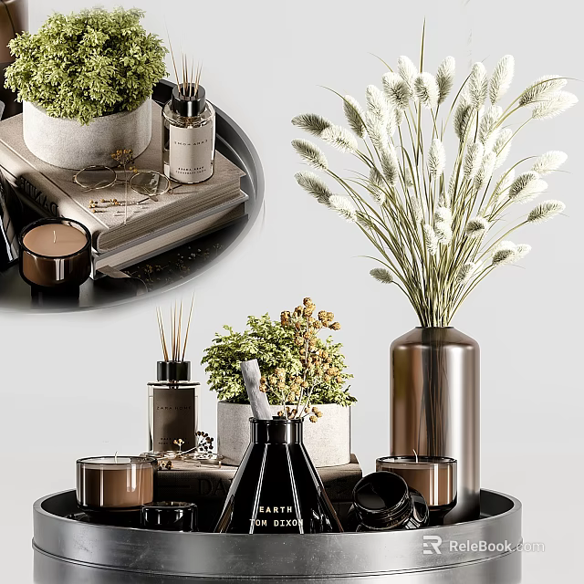Modern Decorative Ornament Combination With Metallic Vase Dried Flowers Green Plants Trays And Candles 3d model 