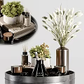 Modern Decorative Ornament Combination With Metallic Vase Dried Flowers Green Plants Trays And Candles