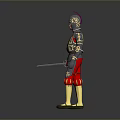 Man wearing ornate medieval armor with golden decorations helmet red accents and holding sword