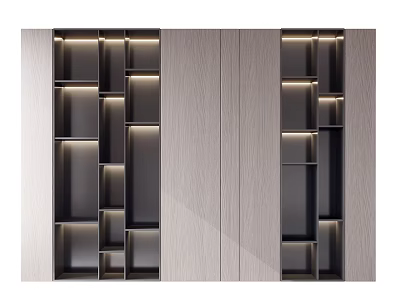 Modern Wooden Bookcase Interior Design With Open Shelves And Lighting 3d model