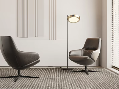 Modern Leather Accent Chairs with Floor Lamp Textured Carpet and Minimalist Wall Decor 3d model