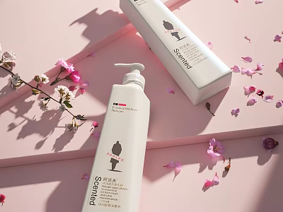 Gentle Daily Wash Products With Bear Design On Pink Background And Flower Petals 3d model