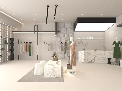 Modern Fashion Clothing Store Interior Design With Mannequins Marble Counter And Racks 3d model