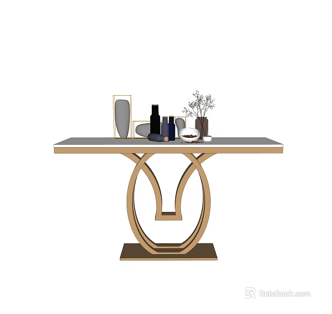 Elegant Modern Console Table With Gold Metal Frame Black Tabletop And Decorative Vase Picture Frame 3d model 