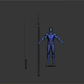 Detailed Blue 3D Human Figure Scene With Sword Spear And Surfboard