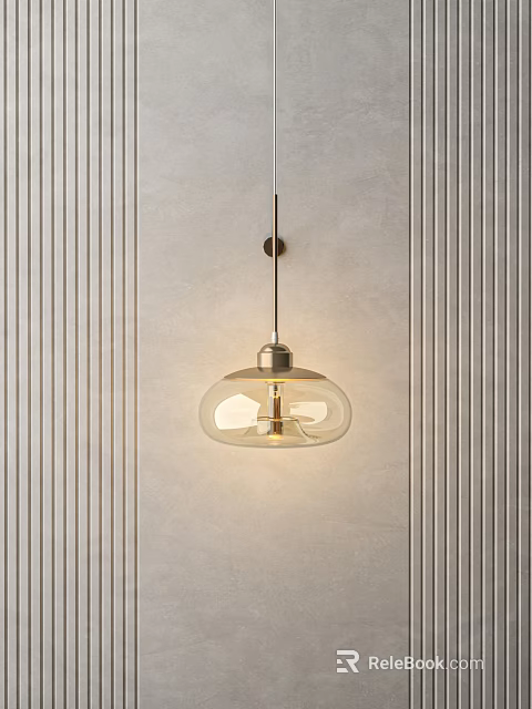 Modern Minimalist Pendant Light With Transparent Glass Shade And Warm Glow Against Textured Wall 3d model 