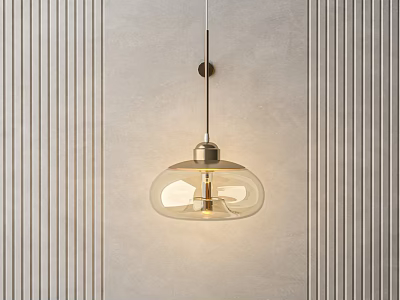 Modern Minimalist Pendant Light With Transparent Glass Shade And Warm Glow Against Textured Wall 3d model