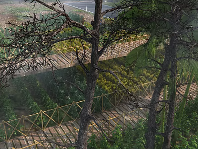 Misty Forest Scenery With Wooden Boardwalk Geometric Railings And Green Plants 3d model