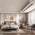 Japanese Style Bedroom Interior With Wooden Lattice Doors Round Wall Art Bed And Wooden Flooring