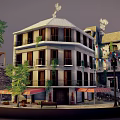 Cartoon Scene With Vines Covered Building Green Yellow Striped Awning Street Lamps Bicycle Cobblestone Street