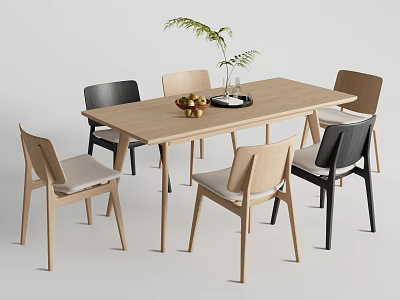 Modern Dining Table Set With Wooden Tabletop Mixed Color Chairs And Decorative Plant 3d model