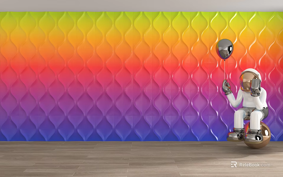 Rainbow Gradient Interior Background Wall with Wavy Pattern and Astronaut Holding Black Balloon 3d model 
