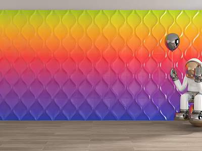 Rainbow Gradient Interior Background Wall with Wavy Pattern and Astronaut Holding Black Balloon 3d model