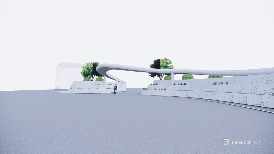 Modern Curved Entrance Gate With Trees And Low White Walls 3d model 