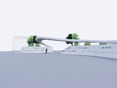 Modern Curved Entrance Gate With Trees And Low White Walls 3d model