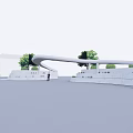 Modern Curved Entrance Gate With Trees And Low White Walls