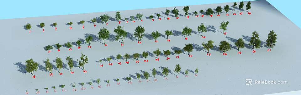 Various Arbor Trees With Different Sizes And Numbered Markers For Landscape Design Projects 3d model