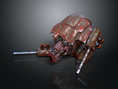Rusty Red Mechanical Game Movie Character With Long Cannon Barrel Metallic Texture Circular Parts 3d model