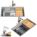 Modern Stainless Steel Kitchen Sink With Wooden Cutting Board And Faucet Design