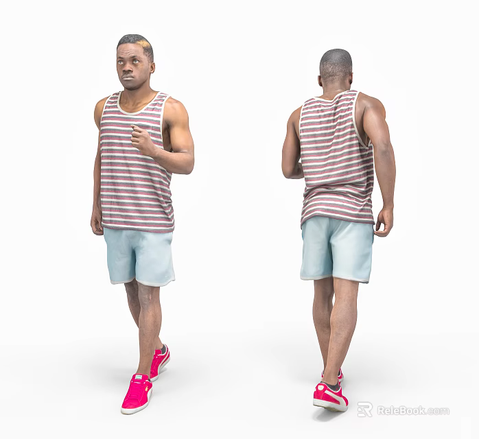 Man Wearing Striped Tank Top Denim Shorts And Pink Sneakers From Front And Back 3d model 