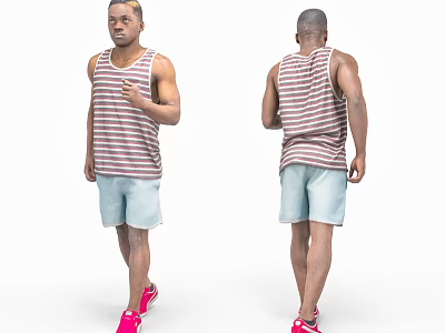Man Wearing Striped Tank Top Denim Shorts And Pink Sneakers From Front And Back 3d model