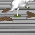 Modern Curved Landscape Seats with Wooden Surface and Metal Frame in Urban Square with Trees