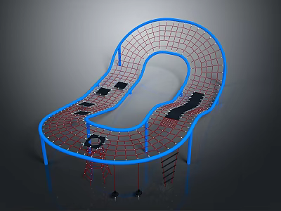 Kids Climbing Structure Equipment Featuring Blue Frame Red Netting Black Blocks And Ladder 3d model