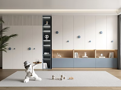 Modern White Blue Bookcase Interior with Storage Decorative Toys on Carpet 3d model