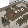 Striped Wooden Outdoor Table with Cushioned Chairs and Dried Flower Vase in Bright Patio