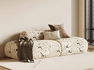 Beige Sectional Sofa with Black Pattern Fabric Throw Pillows and Blanket on Light Rug 3d model