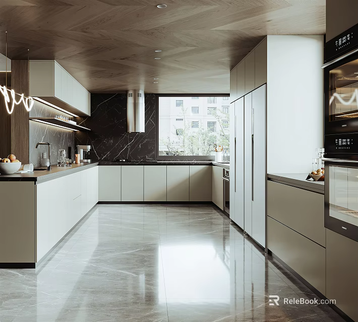 Modern Open Kitchen Interior Design With Marble Countertops Cabinets And Appliances 3d model