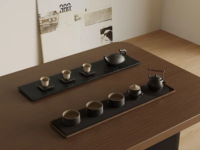 Elegant Tea Set Arrangement on Wooden Table with Teapots Teacups and Trays 3d model