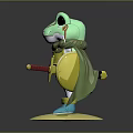 Frog Shaped Game And Movie Character With Green Skin Yellow Suspenders And Red Weapon