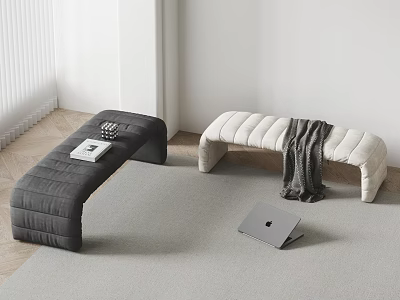 Stylish Dark and Light Sofa Benches with Book Blanket on Gray Carpet and Wooden Floor 3d model